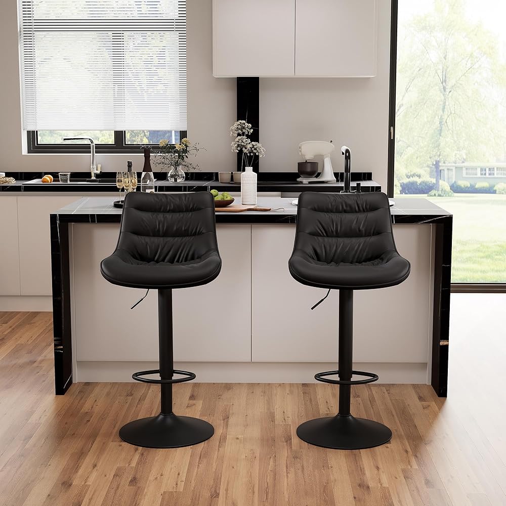 Kidol & Shellder Bar Stools Set of 2, Swivel Adjustable Counter Height Stools with Back, PU Leather Upholstered Modern Bar Chairs for Kitchen Island (Black) : Home & Kitchen