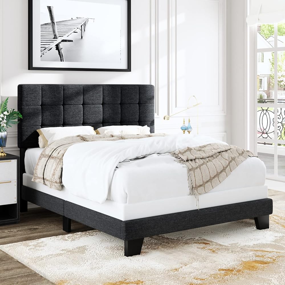 Allewie Queen Size Panel Bed Frame with Adjustable Headboard for High Profile/Fabric Upholstered/Square Stitched Padded Headboard/Box Spring or Bunkie Board Required/Dark Grey : Home & Kitchen