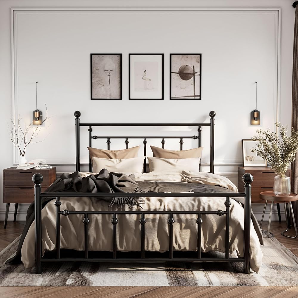 SHA CERLIN 14'' Queen Size Metal Platform Bed Frame/Victorian Headboard and Footboard/Steel Slats Mattress Foundation for Storage/No Box Spring Needed/Noise Free/Black : Home & Kitchen