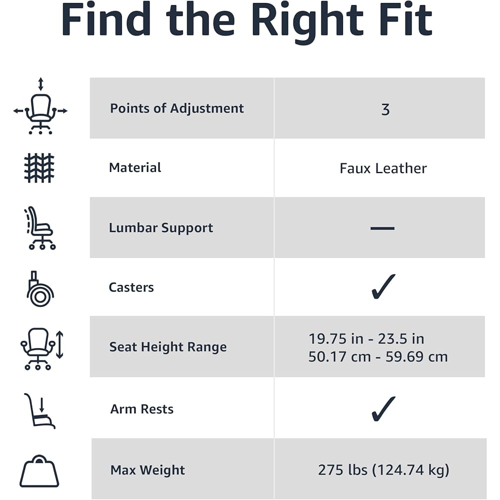 Amazon Basics Classic Puresoft PU Padded Mid-Back Height Adjustable Office Computer Desk Chair with Armrest, 26