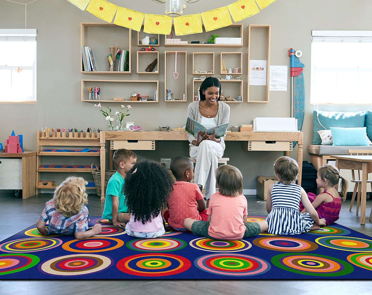 Flagship Carpets Color Rings Colorful Children's Classroom Area Rug for Kids Room Circle Seating Décor, Play Carpet for Teaching and Playing, Seats 24, 7'6