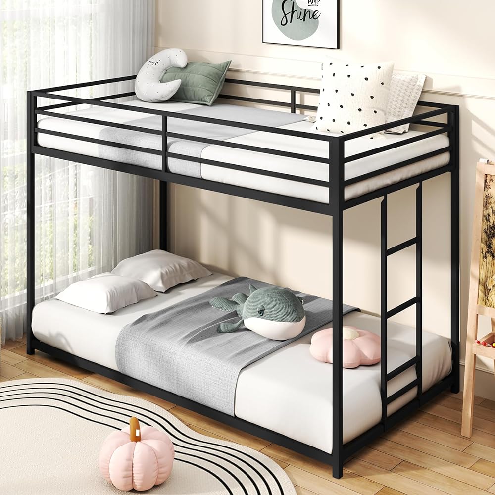 Zevemomo Twin Over Twin Bunk Bed, Metal Low Profile Bunkbeds with Full-Length Guardrail and Ladder, Space Saving, No Boxing Spring Needed, Black : Home & Kitchen