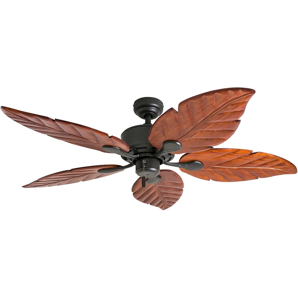 Honeywell Ceiling Fans Willow View, 52 Inch Tropical Indoor Ceiling Fan with No Light, Pull Chain, Three Mounting Options, Hand Carved Wooden Leaf Blades - 50501-01 (Bronze)