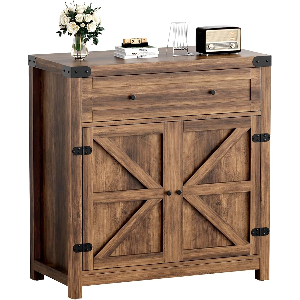 YESHOMY Coffee Bar and Accent Cabinet, Farmhouse Barn Door Buffet Sideboard with Drawer and Adjustable Shelf, Wide Desktop for Kitchen, Dining Room, Bathroom, Entryway, Brown : Office Products