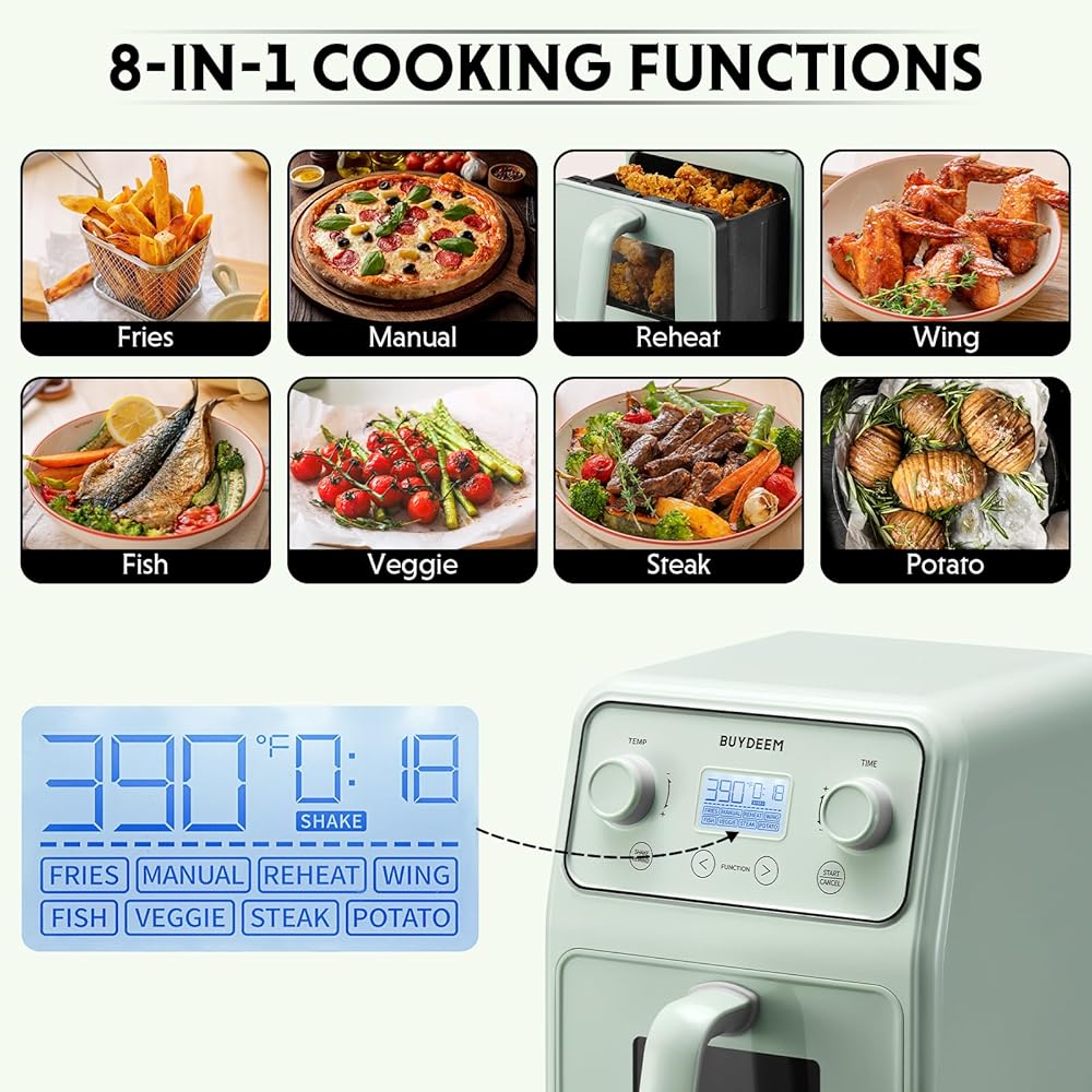 BUYDEEM F51 8-in-1 Air Fryer 4.2QT, Retro Countertop Airfryer Oven with Visible Window, Shake Reminder, One-touch Control with LCD Display, Cozy Greenish : Home & Kitchen