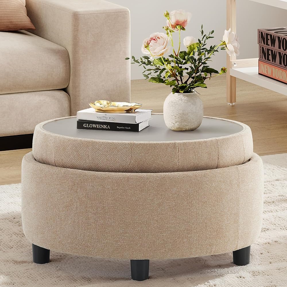 COLAMY Fabric Round Storage Ottoman with Reversible Tray Lid 鈥?Multi-Functional Footrest, Hidden Storage, Sturdy & Stylish Small Coffee Table for Living Room, Bedroom, or Entryway(Camel) : Home & Kitchen