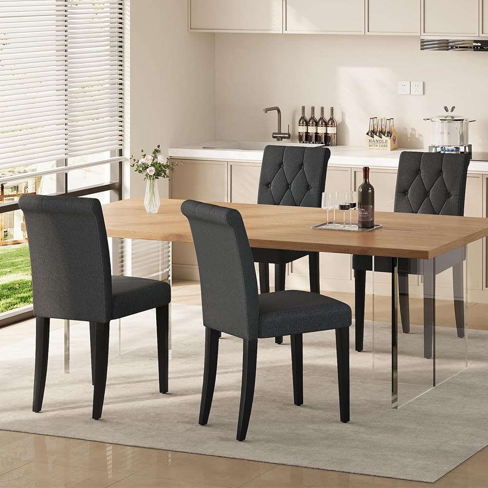 - Welzona Upholstered Dining Chairs Set of 4, Button Tufted Parsons Dining Chair with Solid Wood Legs, Modern Fabric Side Chair for Dining Room/Kitchen/Restaurant/Hotel- Black - Chairs