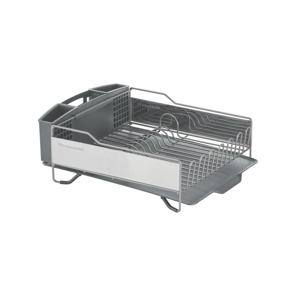 KitchenAid Large Capacity Full Size Rust Resistant Dish Rack with Angled Drain Board and Removable Flatware Caddy, Light Grey: Home & Kitchen