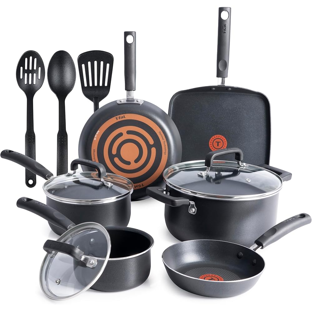 T-fal Signature Nonstick Cookware Set 12 Piece, Oven Broiler Safe 350F, Pots and Pans, Kitchen Cooking Set w/Fry Pans, Saucepans, Saute Pan, Dutch Oven, Griddle, Kitchen, Home, Dishwasher Safe, Black: Pots And Pans: Home & Kitchen