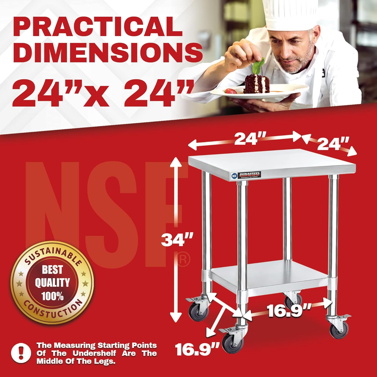 DuraSteel 24x24 NSF Stainless Steel Cart Work Table - Heavy Duty Rolling Food Prep Table - Metal Utility Cart on Wheels Caster, Grill Stand Microwave Outdoor Kitchen Tables Countertop Island Large Top : Industrial & Scientific