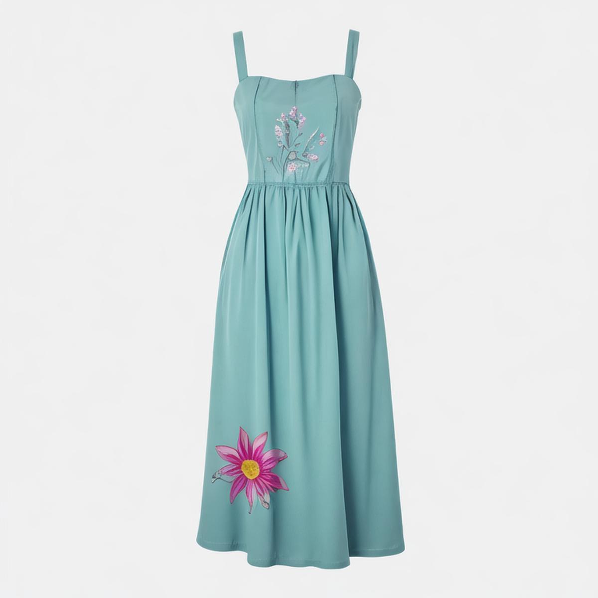 Women's 2024 Summer New Fashion Casual French Style Slim-fitting Waist Aqua Blue Cotton Tube Top Dress