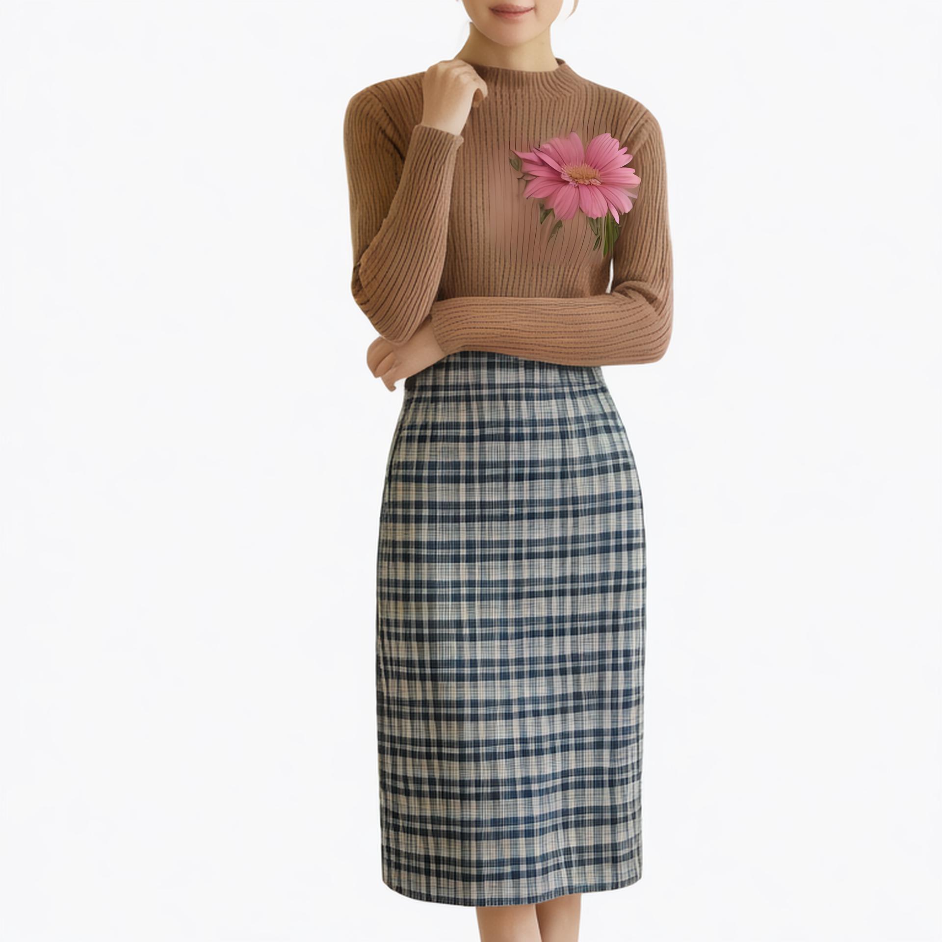 High-end pleat casual women's skirt slimming fashion plaid print slit one-step office dress skirts