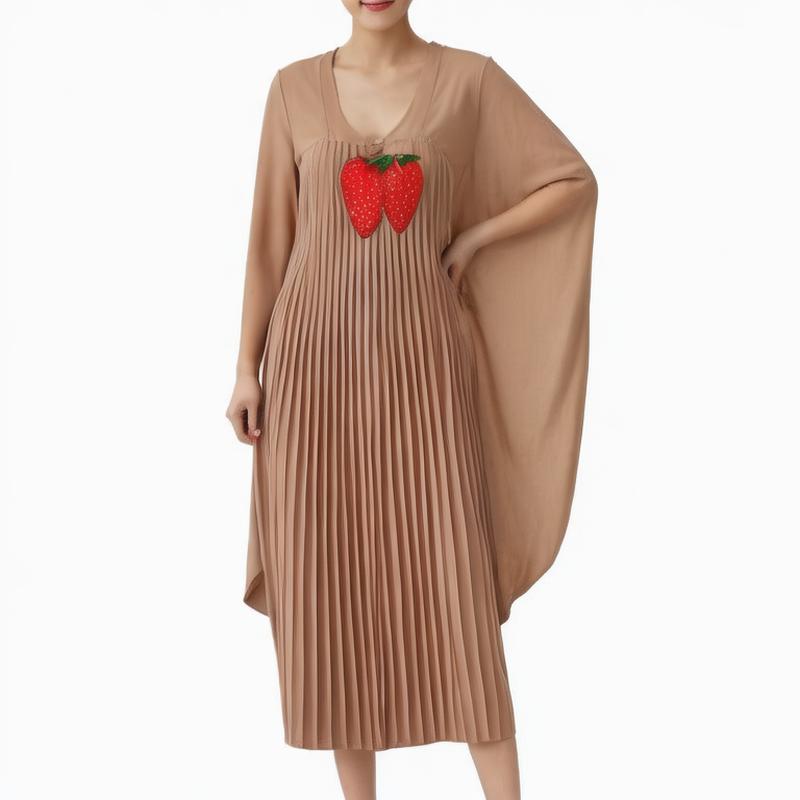 New Arrival Big Size Dress Woman Plain Evening Dresses With Pleat Long Batwing Sleeve Pleat Swing Midi Dress