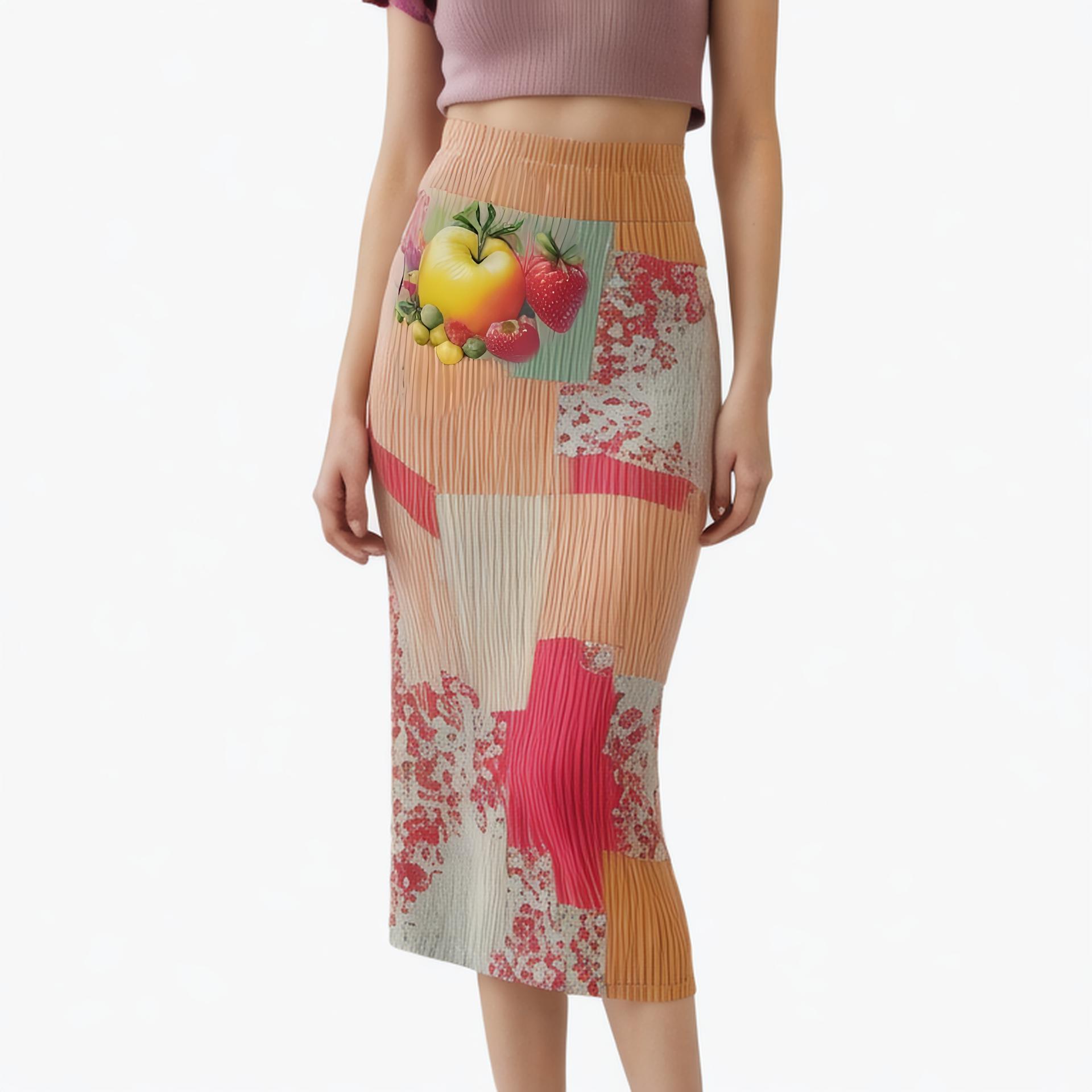 High-end pleat temperament commuter slimming mid-length back slit print women's skirt casual office skirt