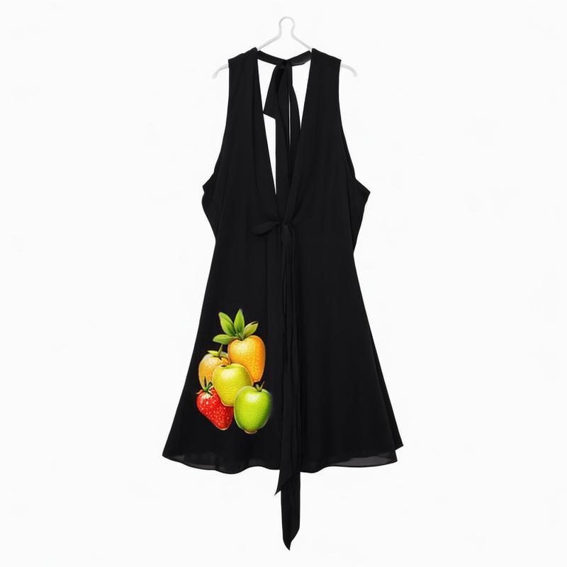 Women's 2024 Early Autumn New Black Flower Layer Deep V-Neck Halter Mini Dress 0881348