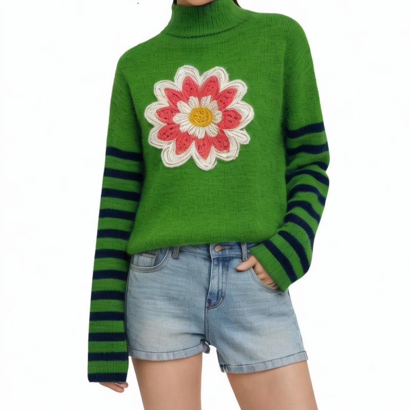 Green women's Crew neck long sleeve Stripe stitching sweater