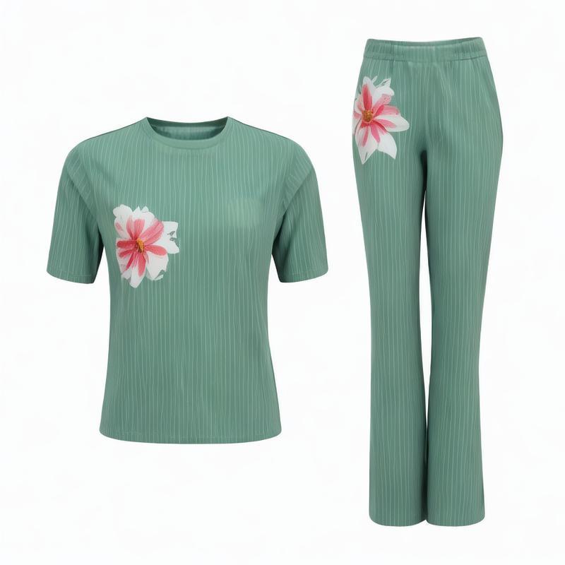 short-sleev suit new summer solid color comfortable short-sleev T-shirt fashionable and versatile slim straight flar pants