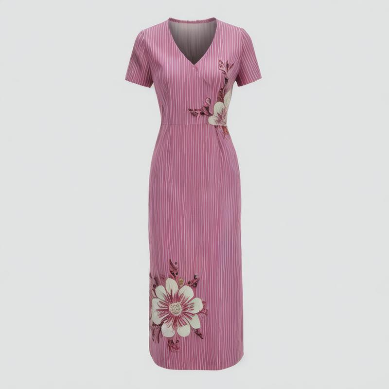 Pleat 2024 Summer New Elegant Dress Slimming Waist V-Neck Design High-end Long Skirt