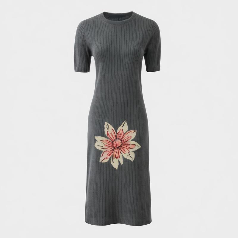 Pleat puff sleeve dress 2024 high-end summer solid color casual round neck slim pleat long skirt