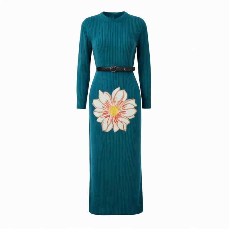 pleat clothing spring & summer new fashion simple solid color round neck long lace-up pleat dress high-end