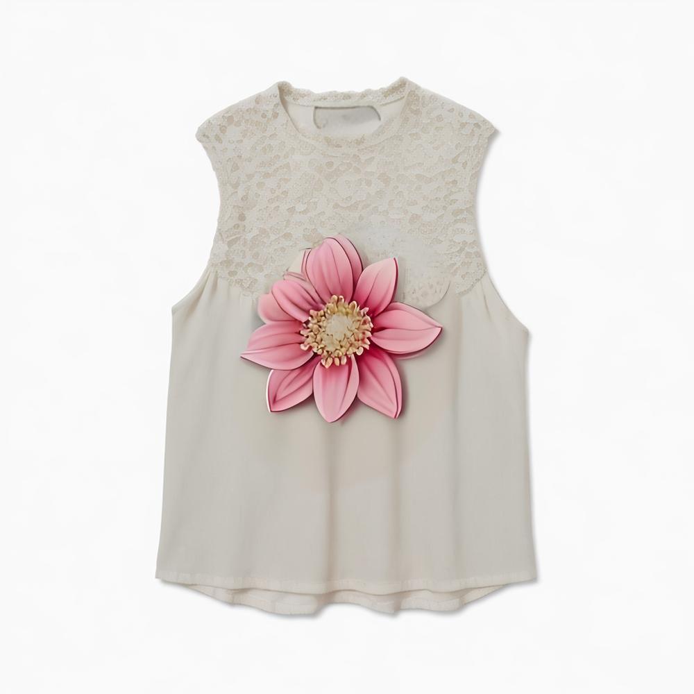 Women 2024 summer New Fashion floral trim Blouses Vintage Sleeveless Female Shirts   Chic Tops