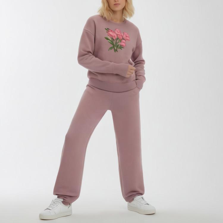 Women's Rib Neck Pullover Hoodie Jogger Pants Set 100% Organic Cotton 2 Piece Set Tracksuit Streetwear