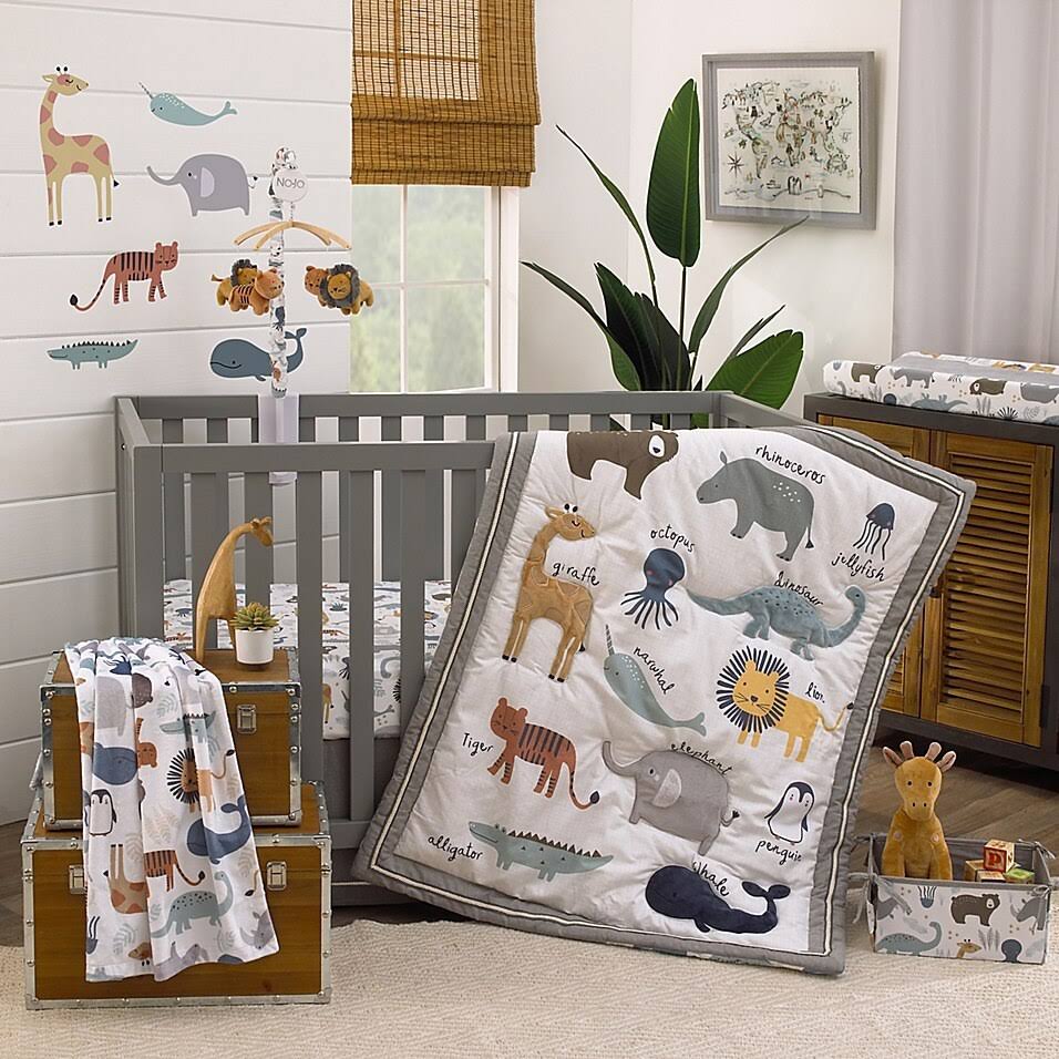 Nojo Zoo Animals 4-Piece Crib Bedding Set in White/Grey - Ritoyou