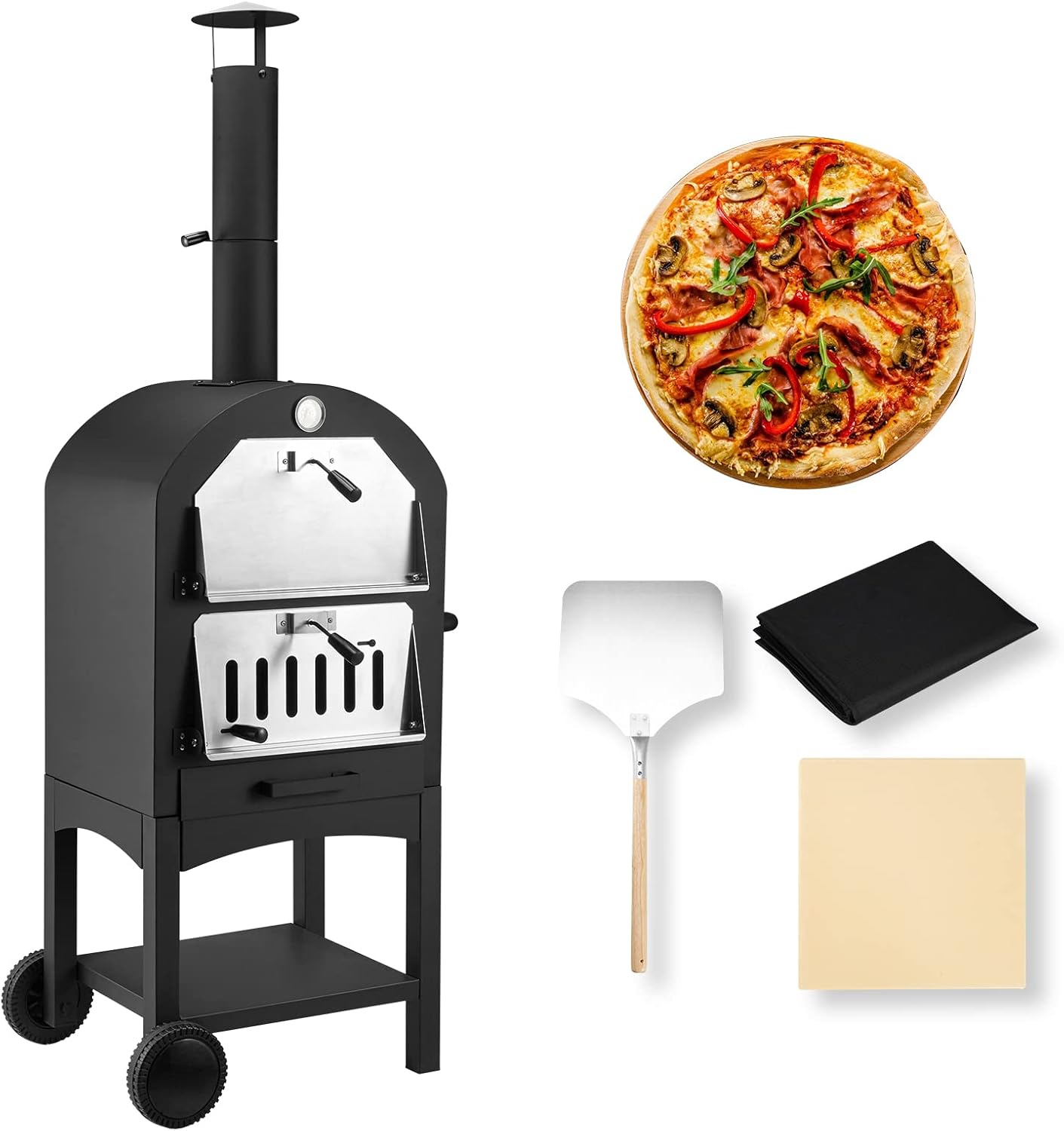 GiantexUK Outdoor Wood Fired Pizza Oven – Includes Pizza Stone, Peel, Cover & Chimney, For Garden & Camping