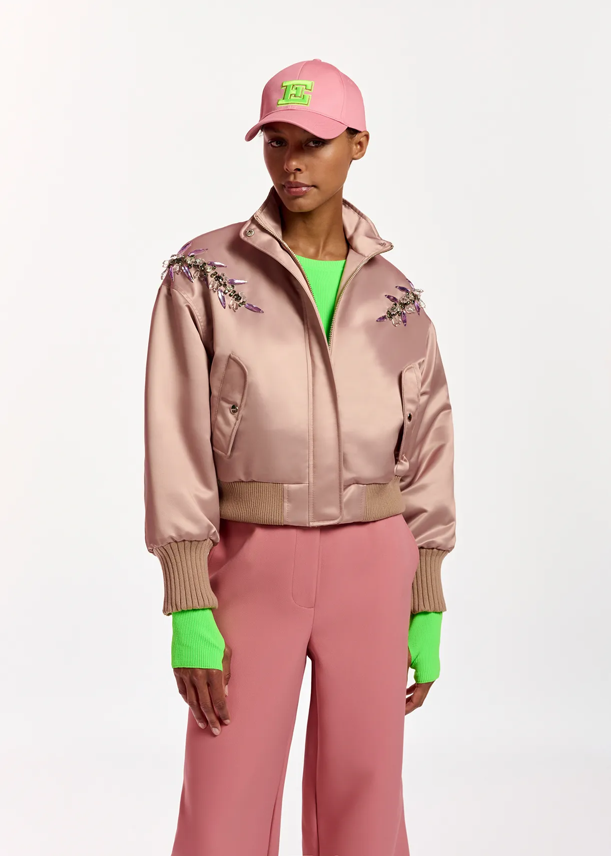 Vintage pink satin bomber jacket with rhinestone embellishments