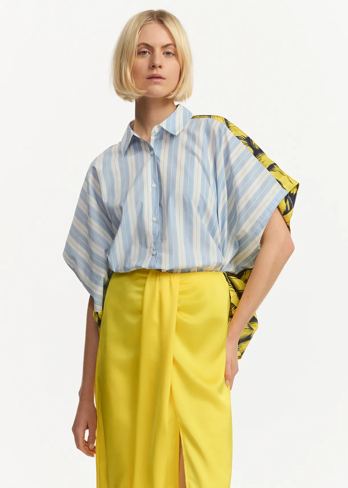 Blue and white striped shirt with yellow silk back panel