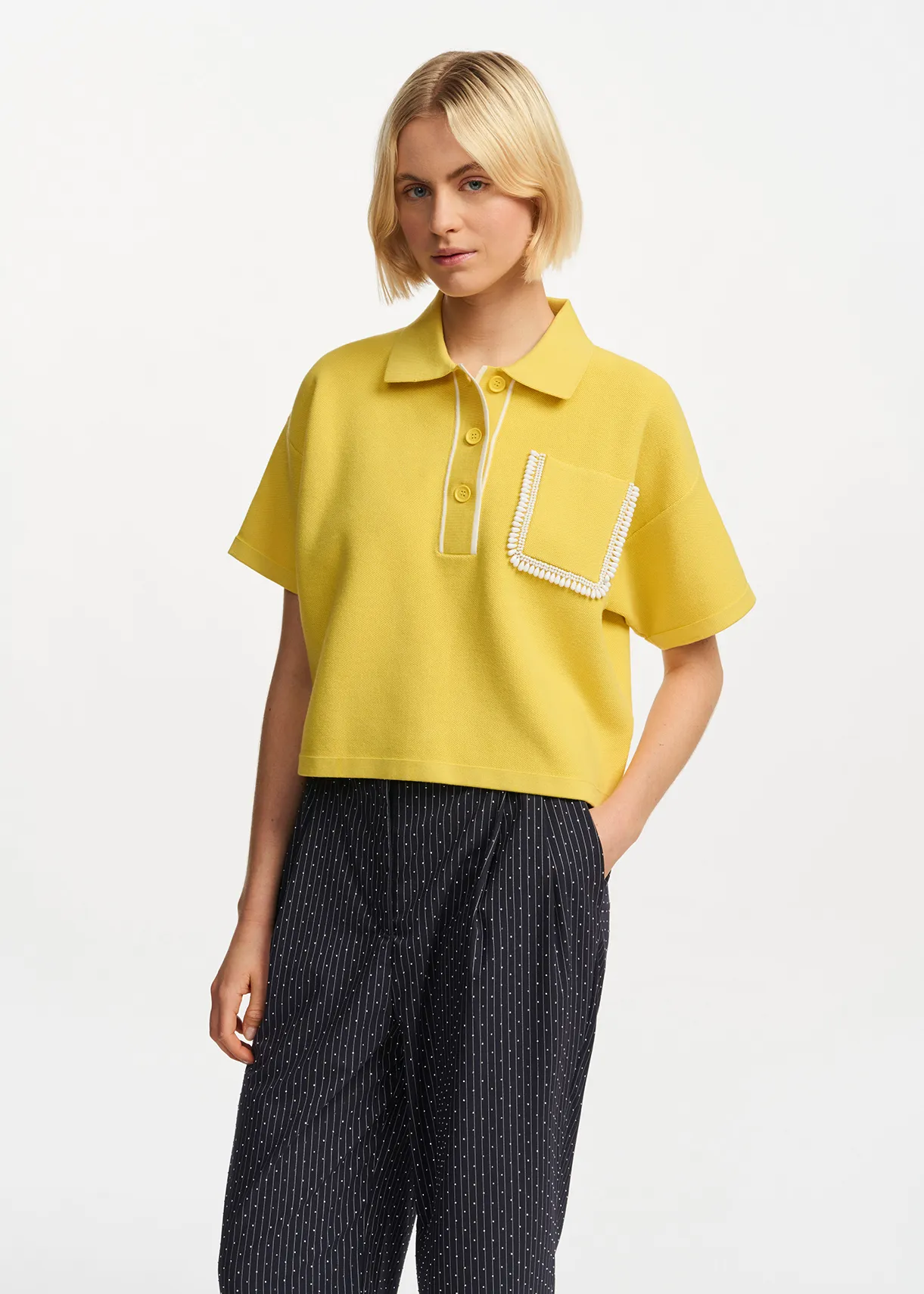 Yellow polo top with beaded embroidery
