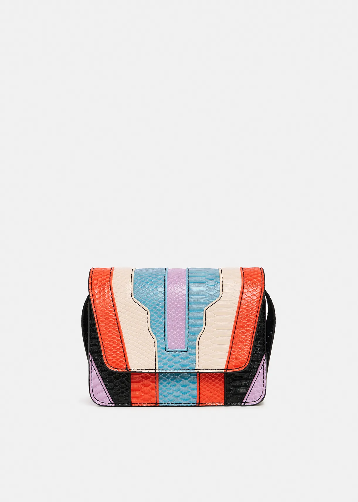 Black, orange and blue snake-effect faux leather shoulder bag