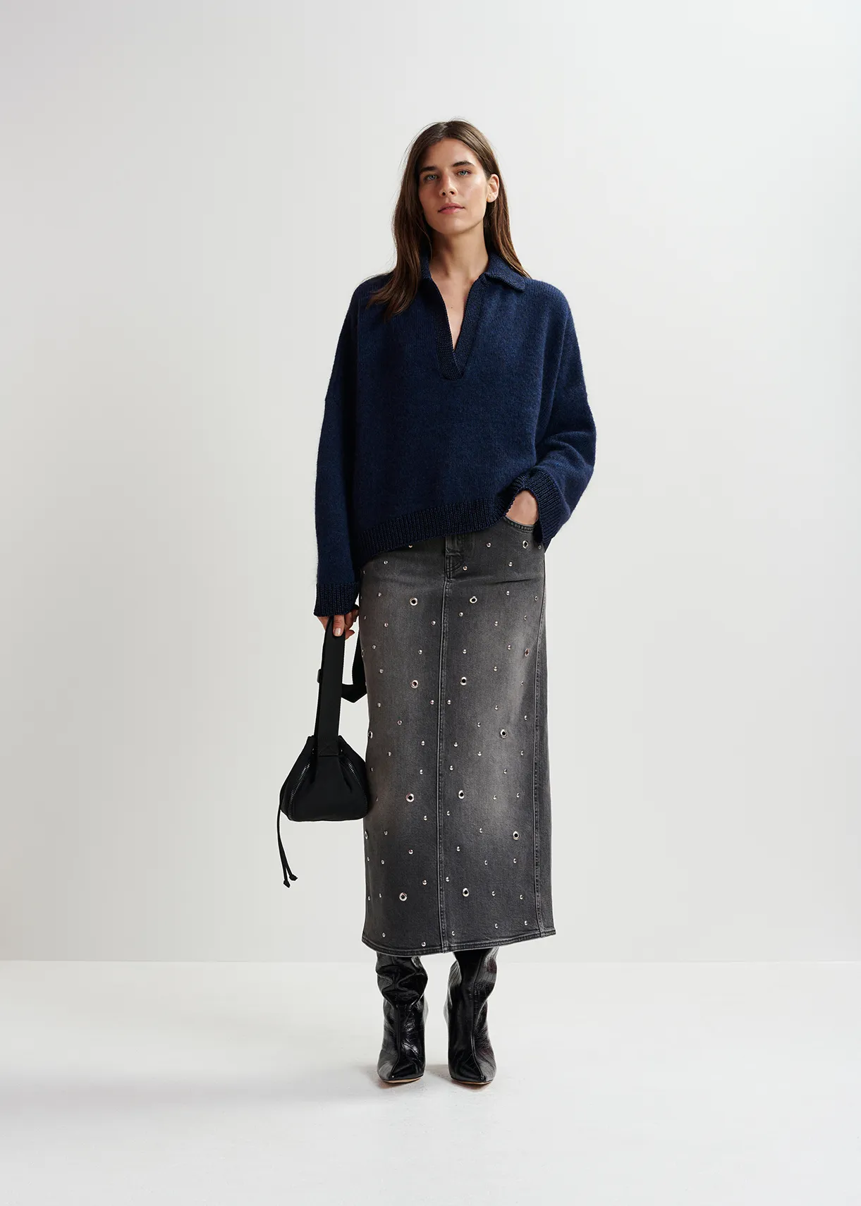 Navy blue knit polo sweater