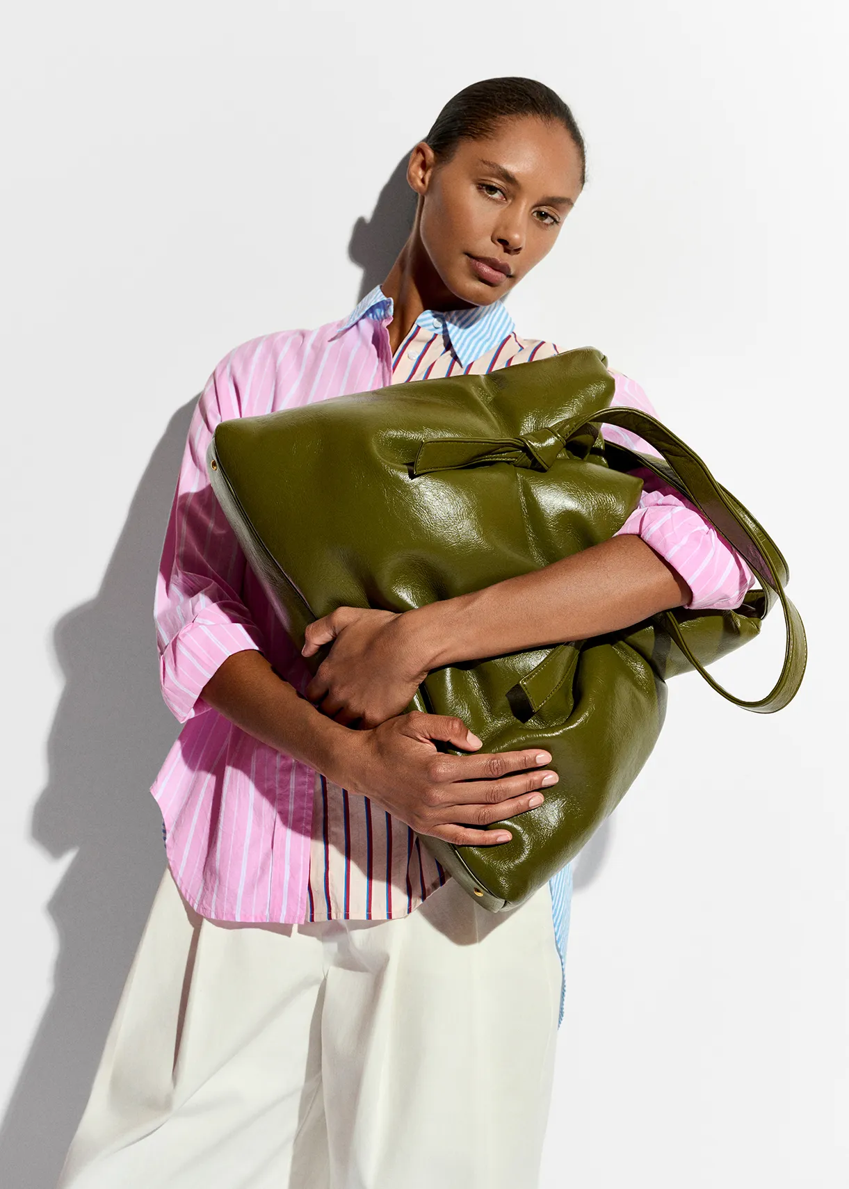 Khaki faux leather shopper bag