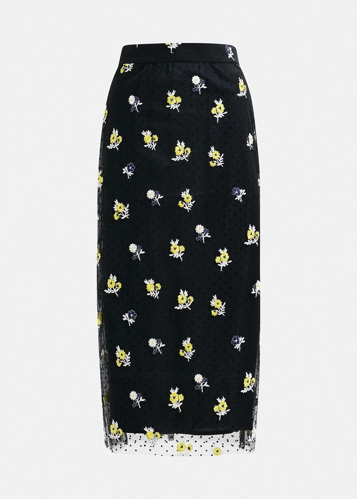 Black tule midi skirt with floral embroideries