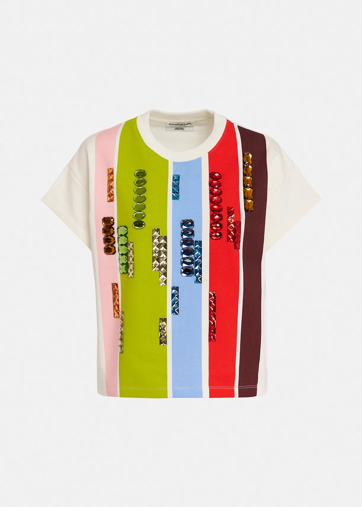 Multicolor striped short-sleeved sweatshirt with rhinestone embellishments