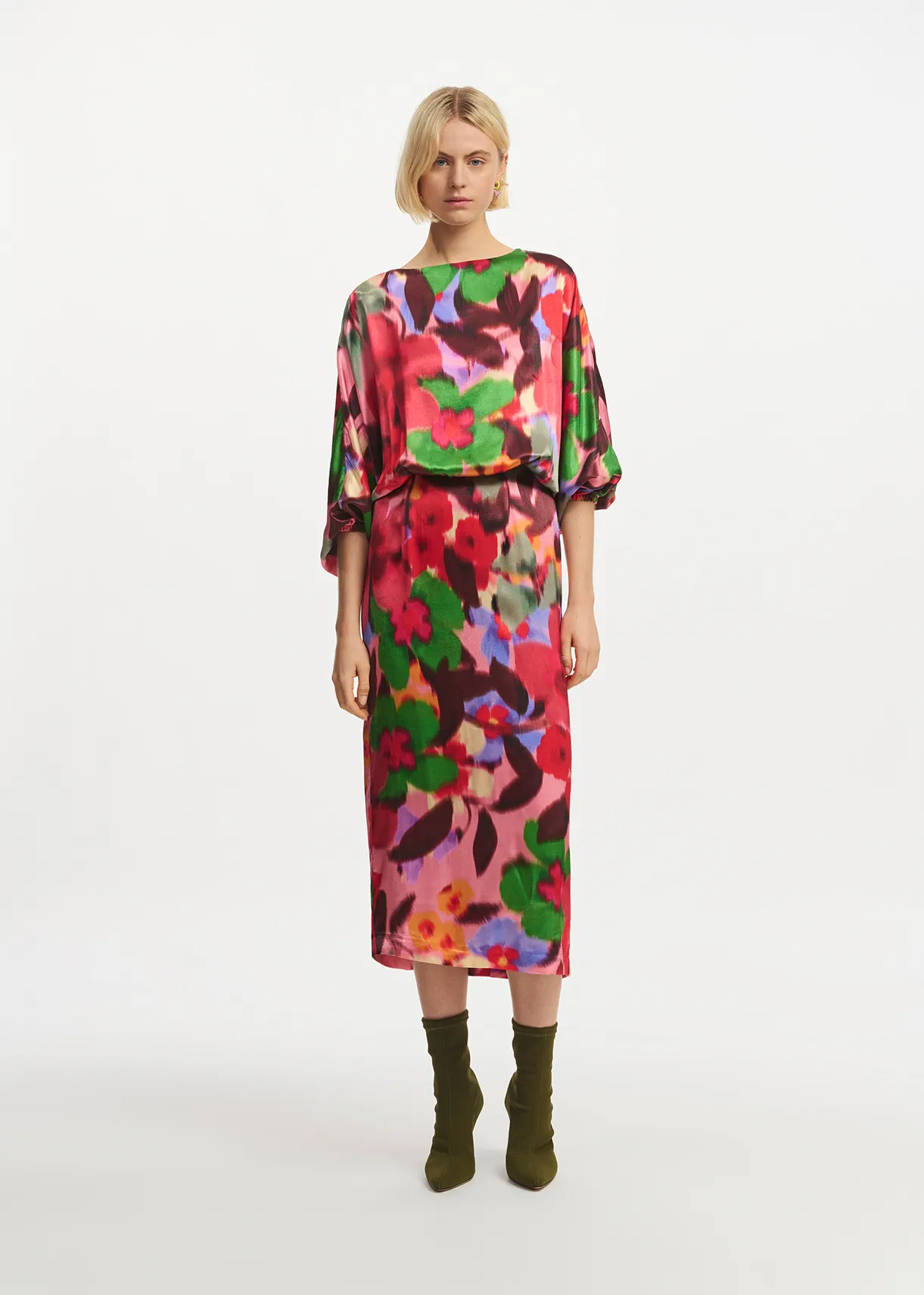 Multicolor floral print midi-length dress
