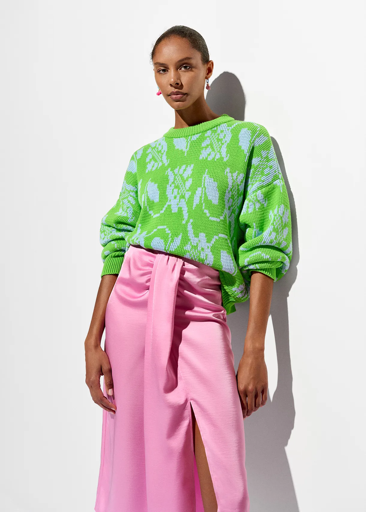 Green and light blue floral-jacquard knit sweater