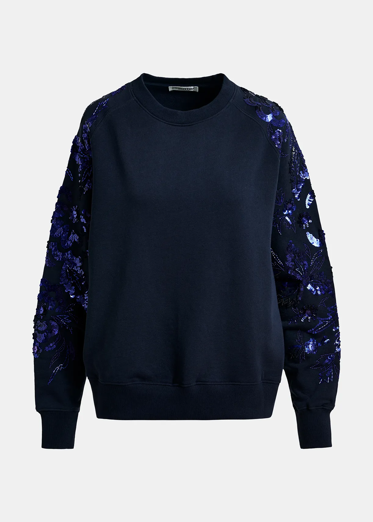 Navy blue organic cotton sweatshirt with sequin and bead-embroidered sleeves