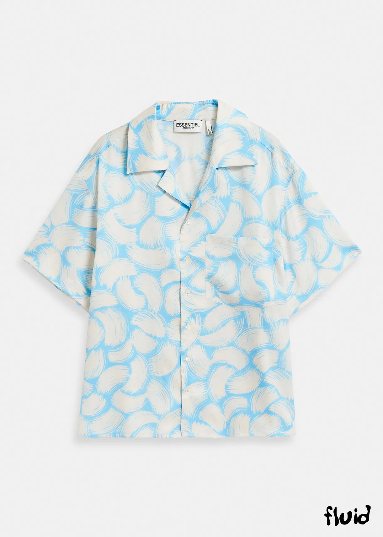 Blue and off-white short-sleeved shirt with abstract print