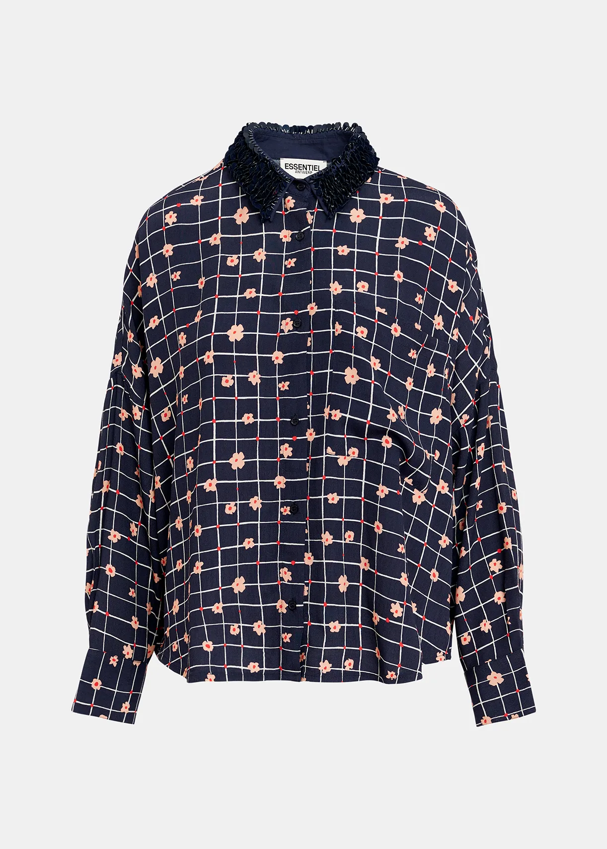Navy blue floral-print shirt with sequin-embellished collar