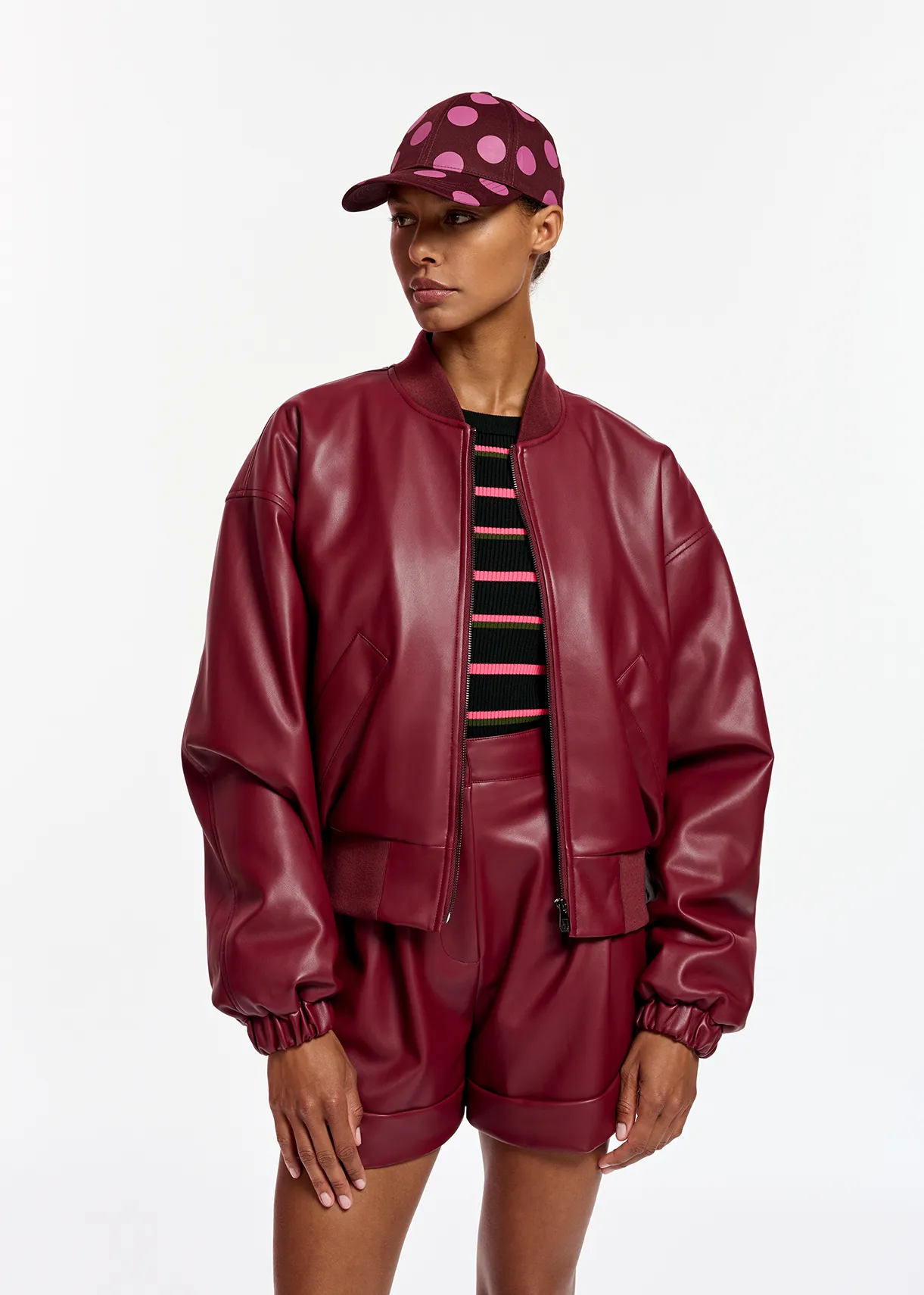 Burgundy faux leather bomber jacket