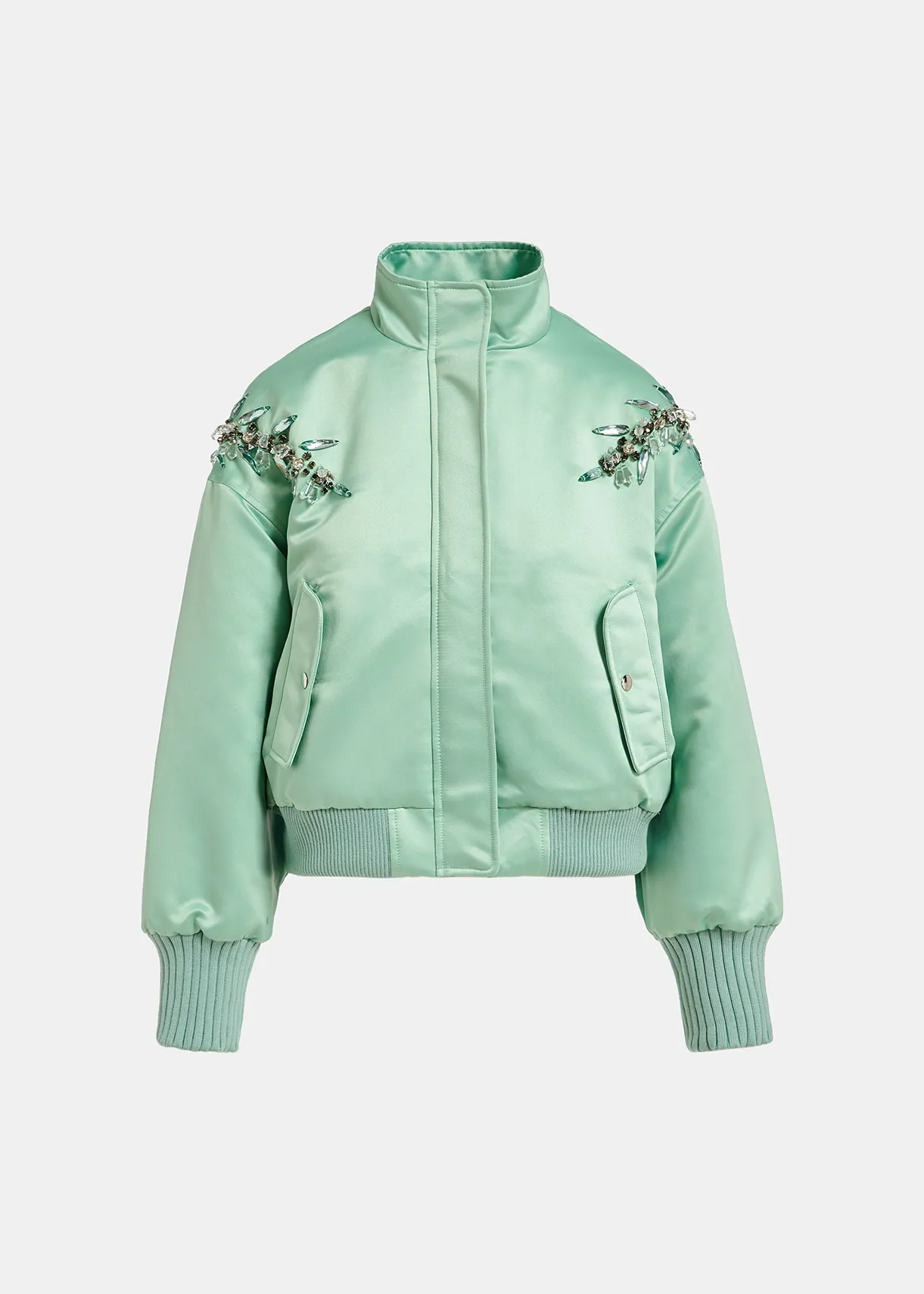 Mint green satin bomber jacket with rhinestone embellishments