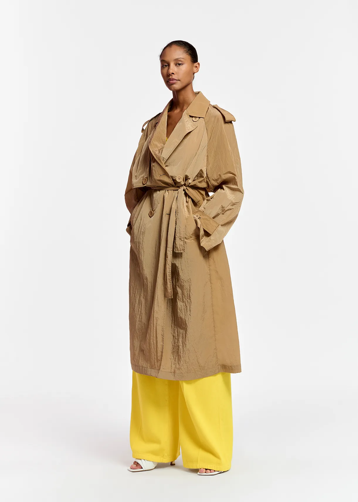 Camel double-breasted trench coat