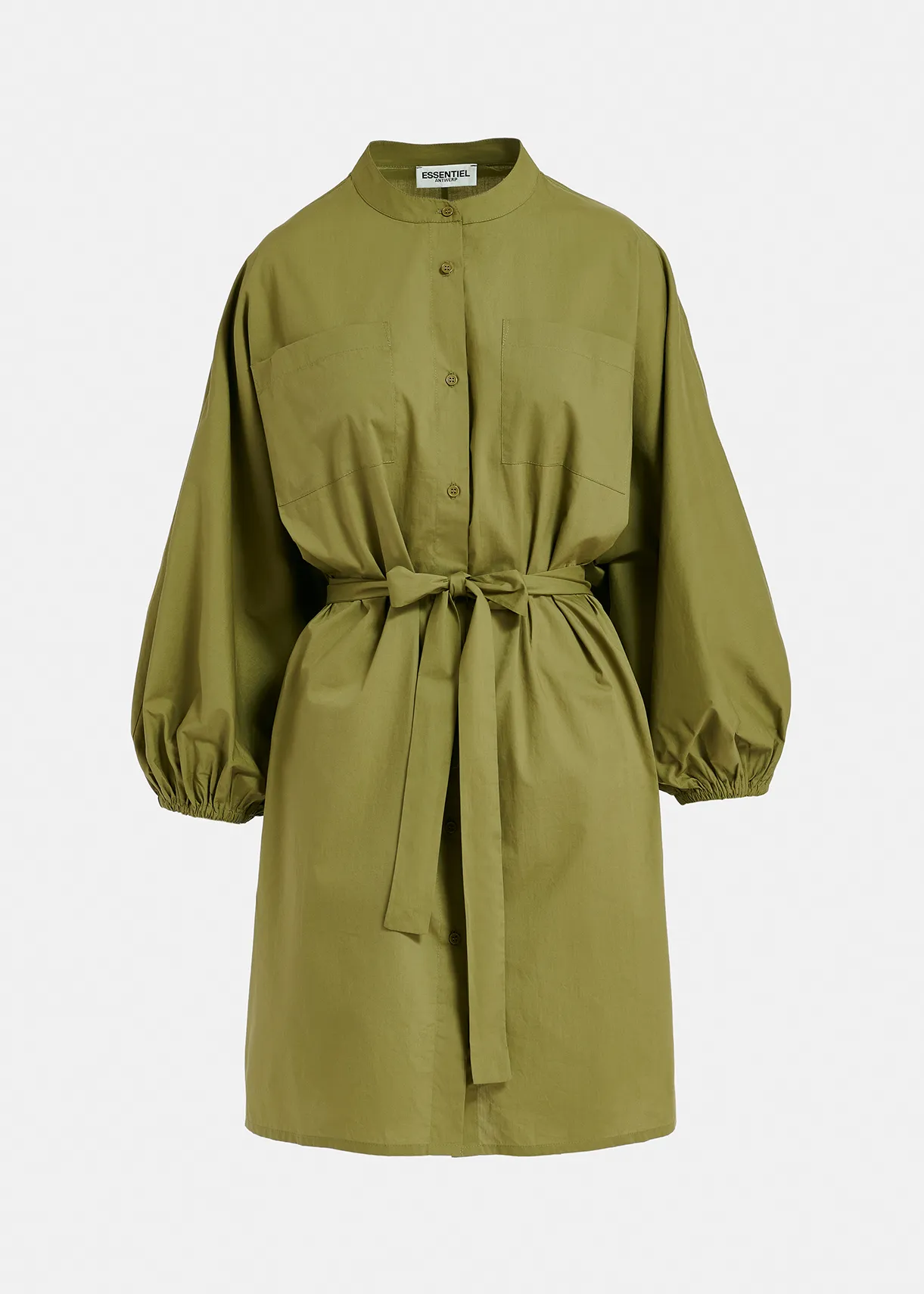 Khaki cotton shirt dress with puffed sleeves
