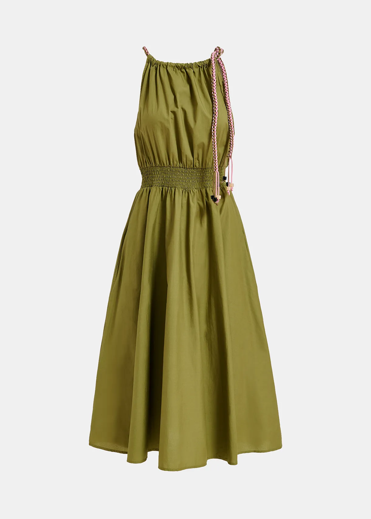 Khaki cotton halter neck midi dress
