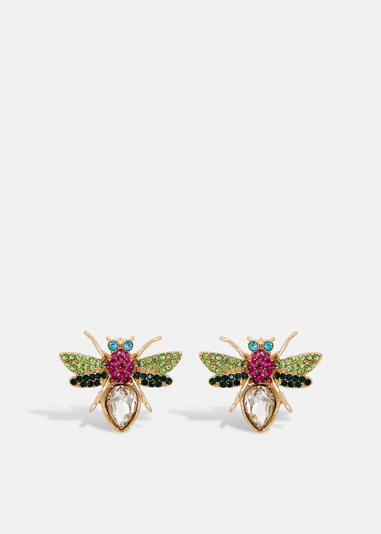 Gold, green and pink bee-shaped earrings