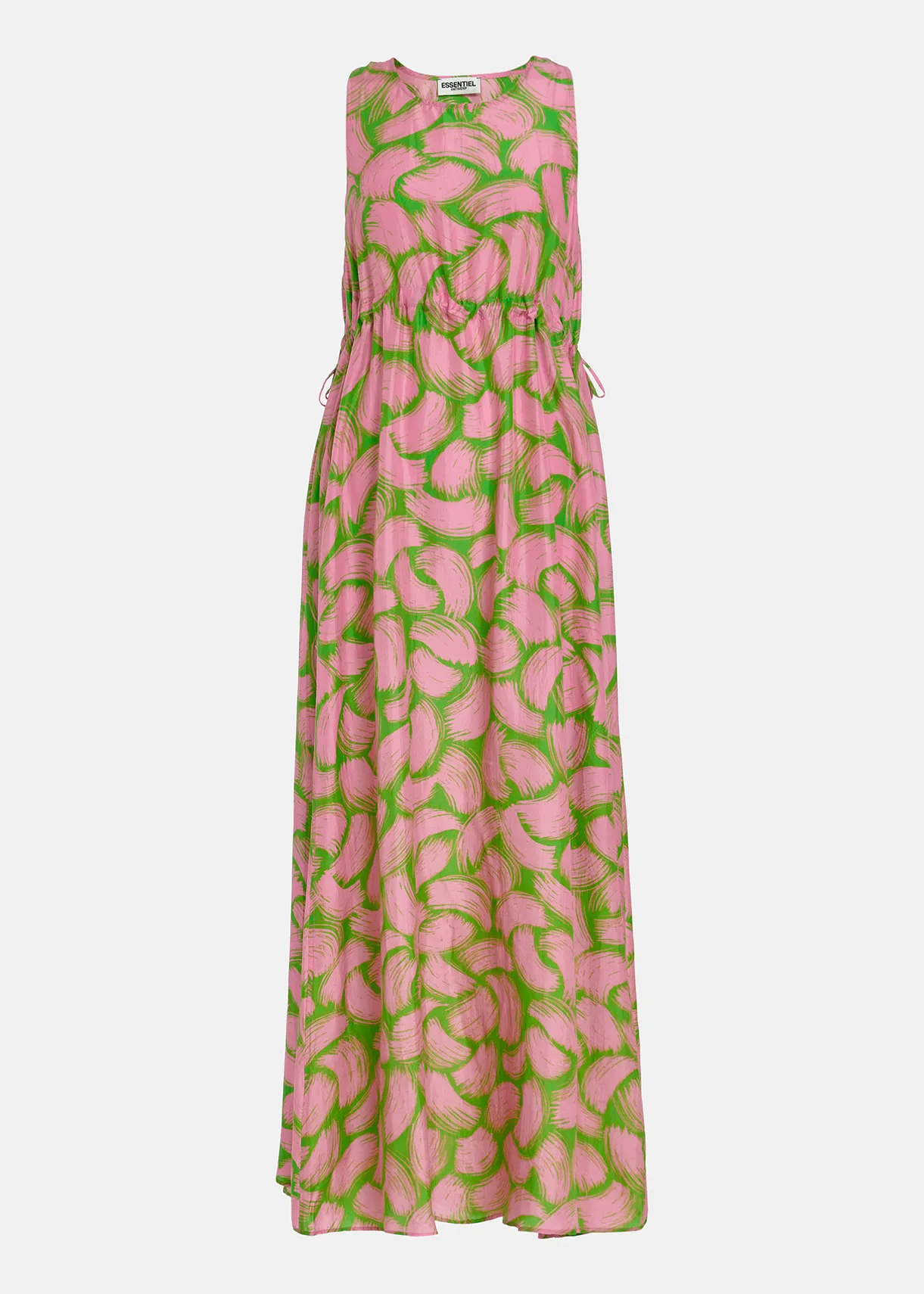 Green and light pink silk dress with abstract print