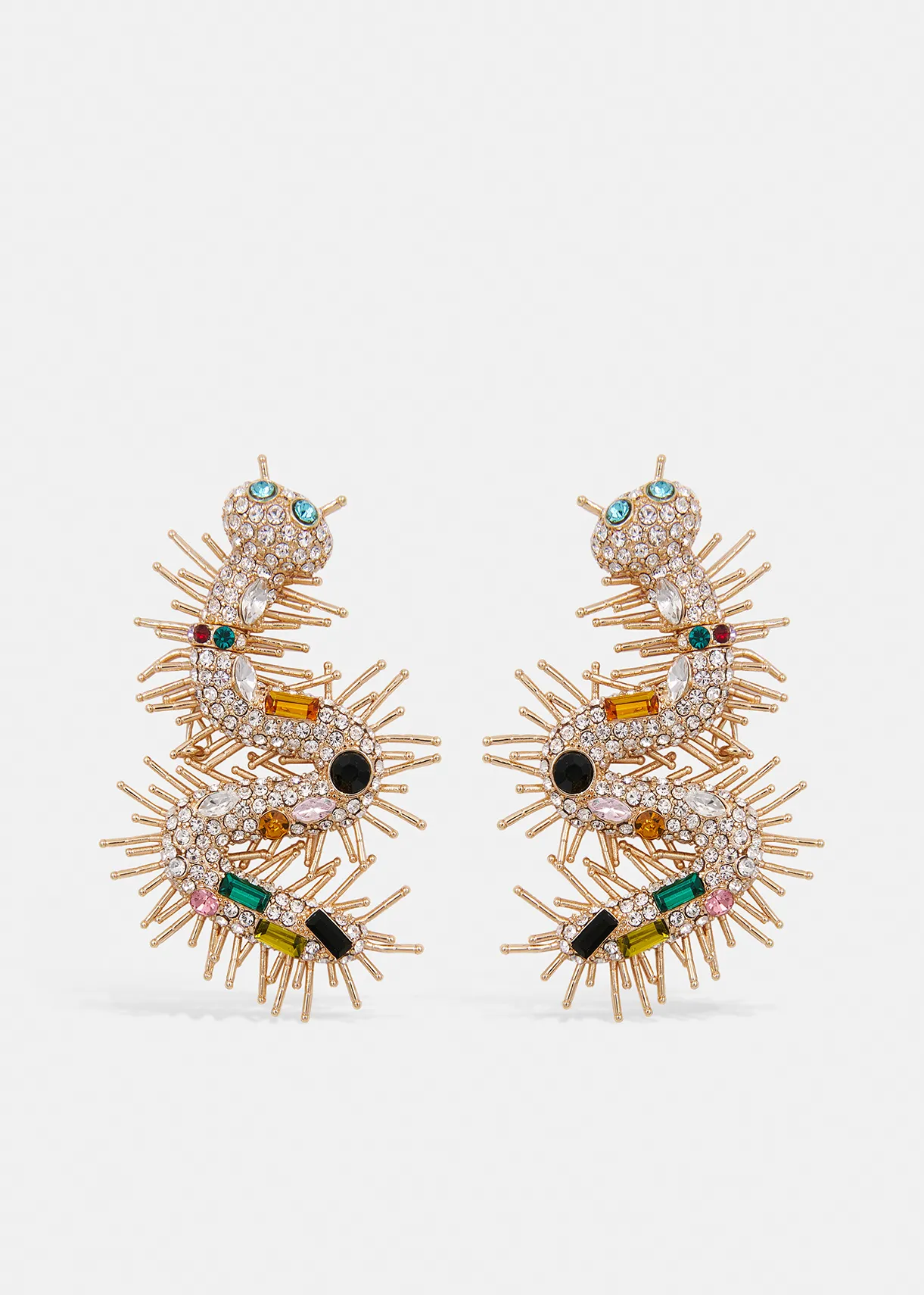 Gold, silver and blue rhinestone centipede earrings