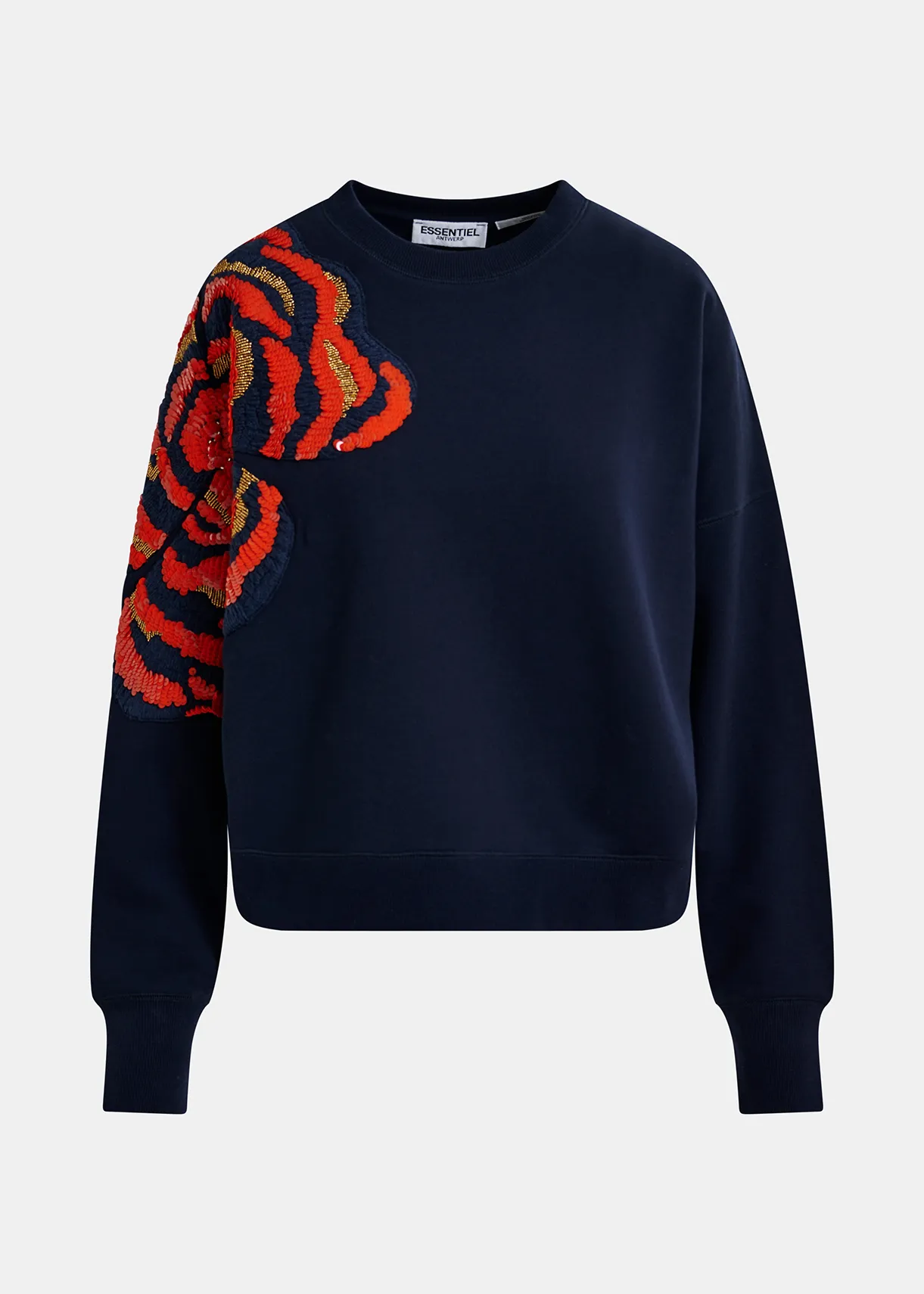 Navy blue organic cotton sweatshirt with sequin and bead embroideries